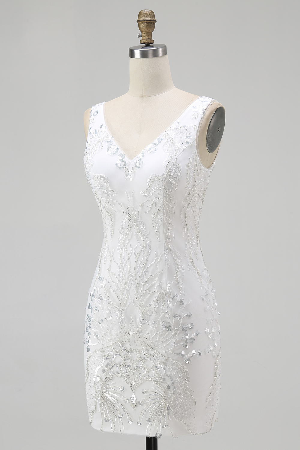 Sparkly Sequins White Tight V-Neck Short Homecoming Dress