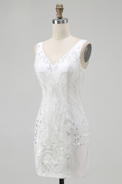 Sparkly Sequins White Tight V-Neck Short Homecoming Dress