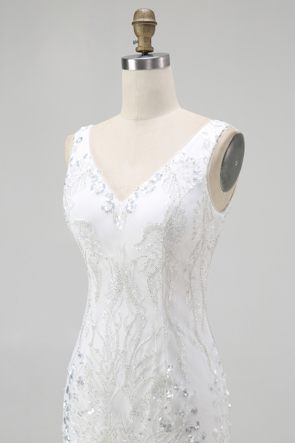 Sparkly Sequins White Tight V-Neck Short Homecoming Dress