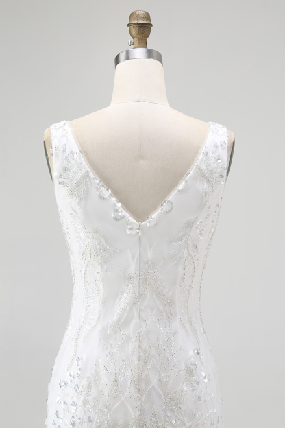 Sparkly Sequins White Tight V-Neck Short Homecoming Dress