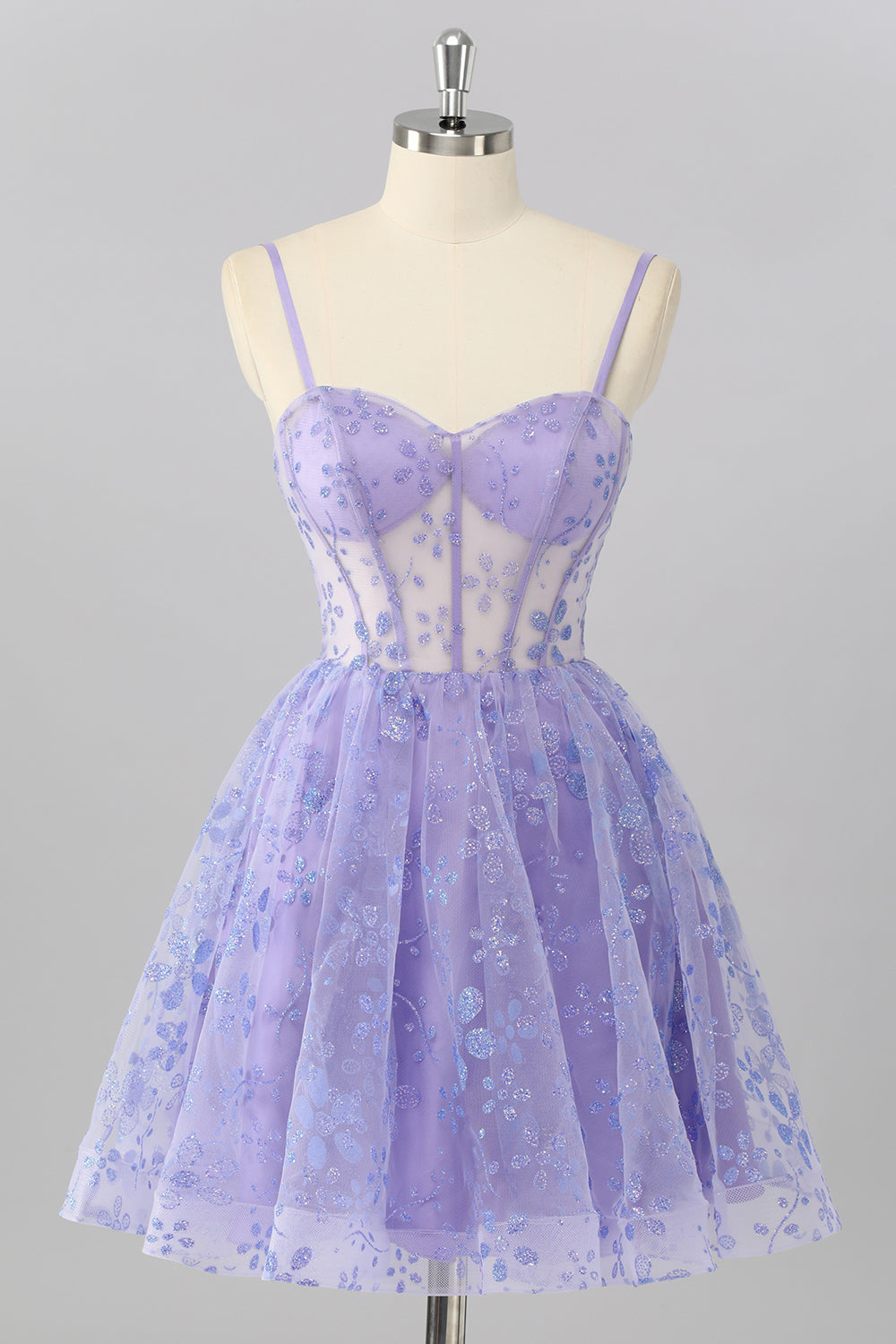 Sparkly Purple Floral Corset A Line Short Homecoming Dress