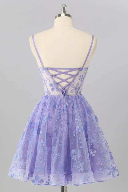 Sparkly Purple Floral Corset A Line Short Homecoming Dress