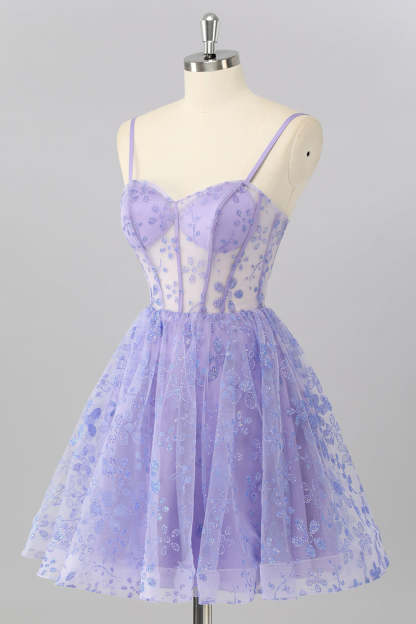 Sparkly Purple Floral Corset A Line Short Homecoming Dress