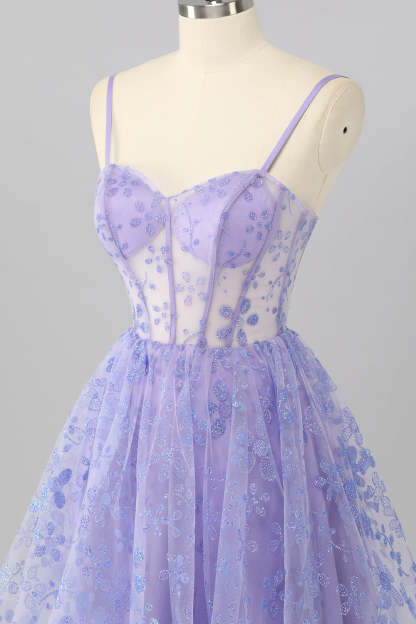 Sparkly Purple Floral Corset A Line Short Homecoming Dress