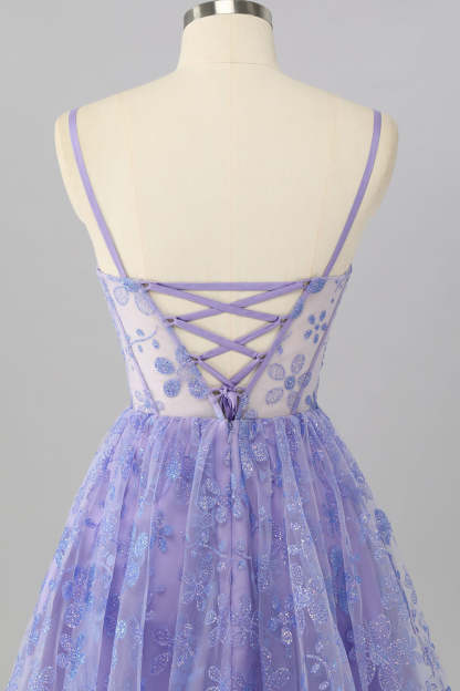 Sparkly Purple Floral Corset A Line Short Homecoming Dress