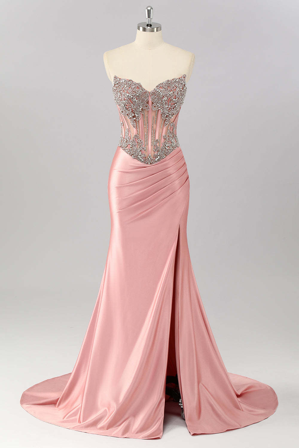 Sparkly Blush Mermaid Corset Strapless Maxi Prom Dress with Slit