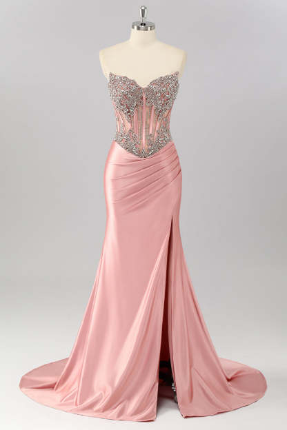 Sparkly Blush Mermaid Corset Strapless Maxi Prom Dress with Slit