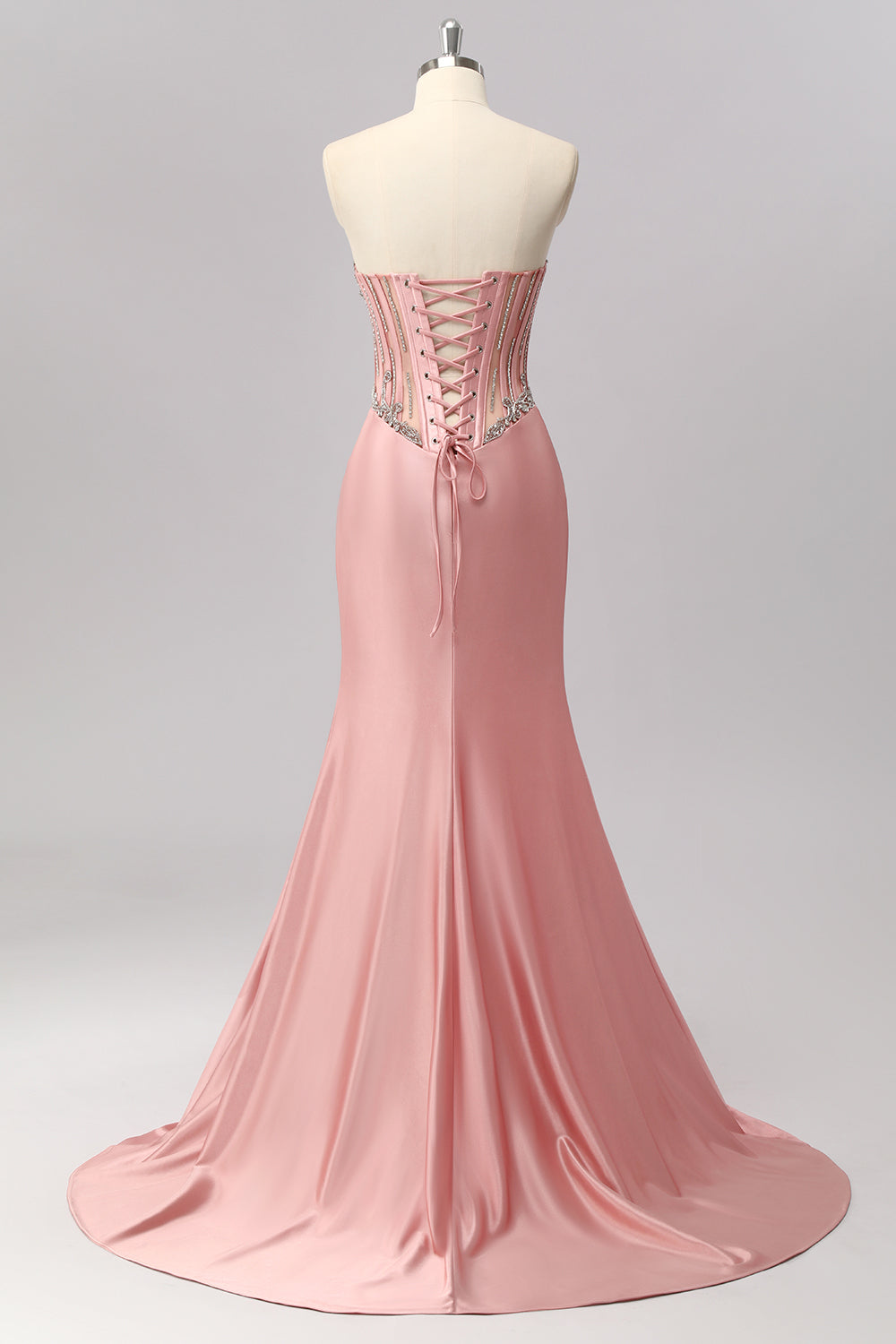 Sparkly Blush Mermaid Corset Strapless Maxi Prom Dress with Slit