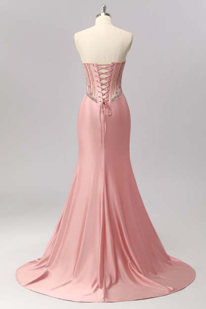 Sparkly Blush Mermaid Corset Strapless Maxi Prom Dress with Slit