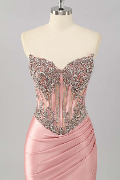 Sparkly Blush Corset Mermaid Strapless Maxi Prom Dress with Slit