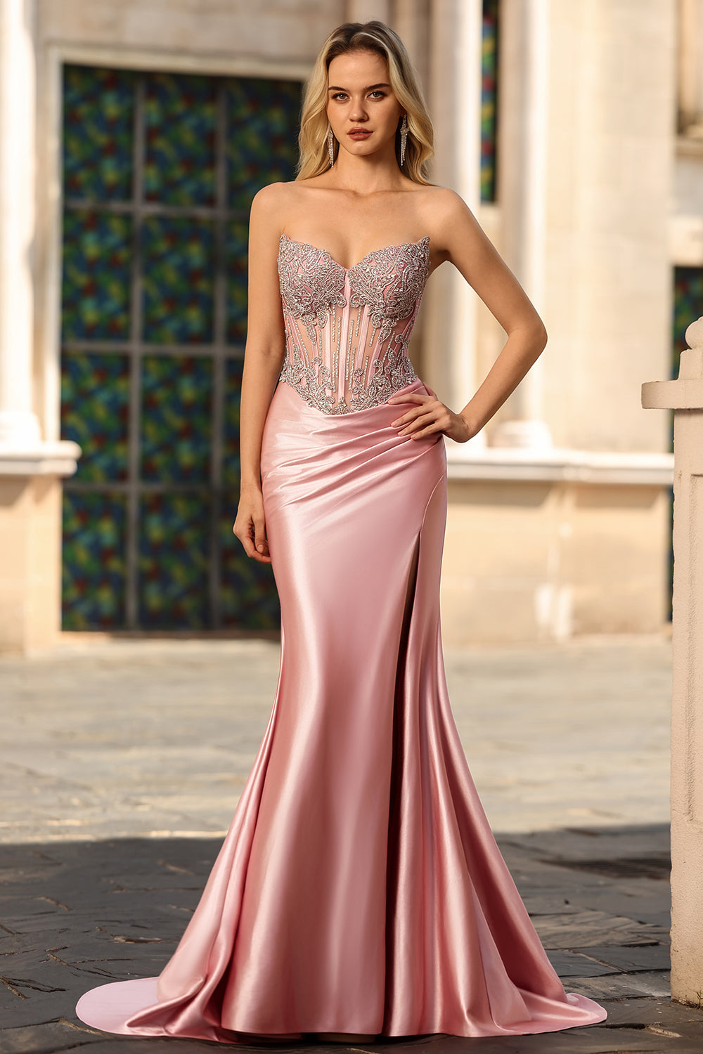 Sparkly Blush Mermaid Corset Strapless Maxi Prom Dress with Slit