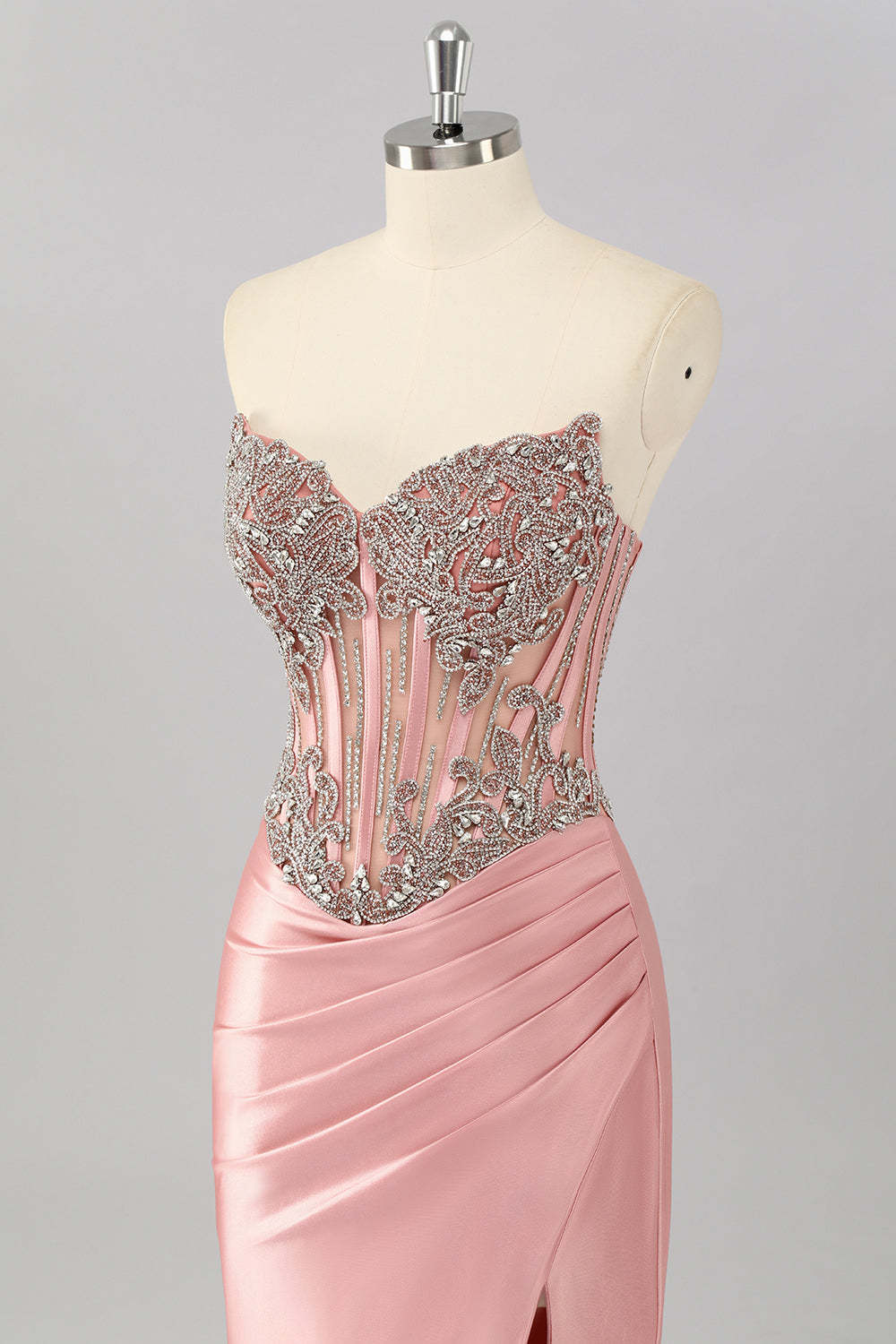 Sparkly Blush Corset Mermaid Strapless Maxi Prom Dress with Slit