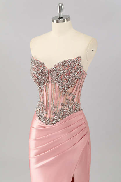 Sparkly Blush Corset Mermaid Strapless Maxi Prom Dress with Slit