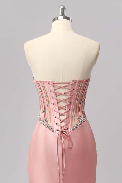 Sparkly Blush Corset Mermaid Strapless Maxi Prom Dress with Slit