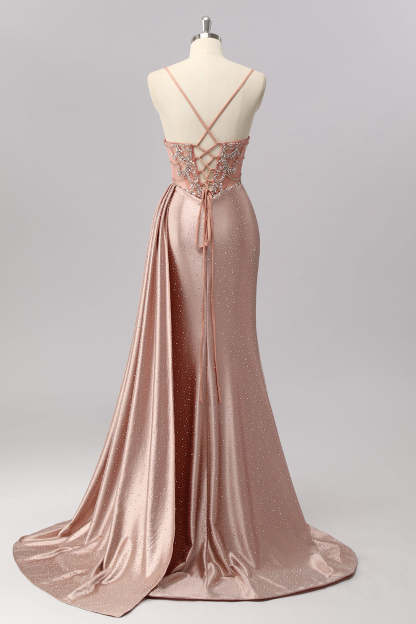 Blush Corset Beaded Mermaid Long Prom Dress with Slit
