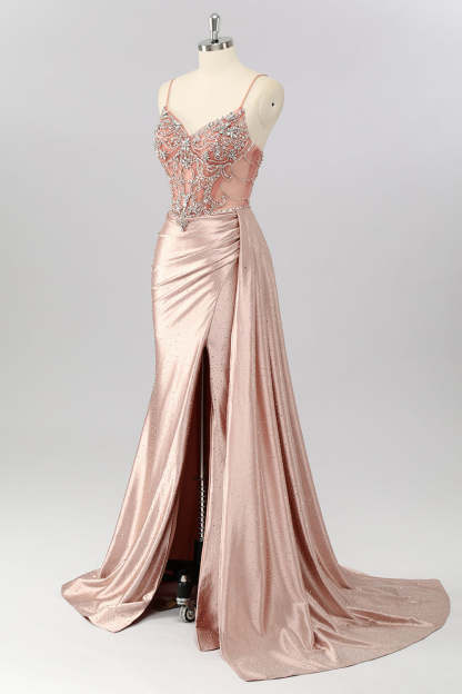 Blush Corset Beaded Mermaid Long Prom Dress with Slit