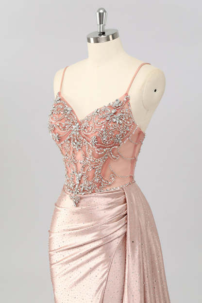 Blush Corset Beaded Mermaid Long Prom Dress with Slit