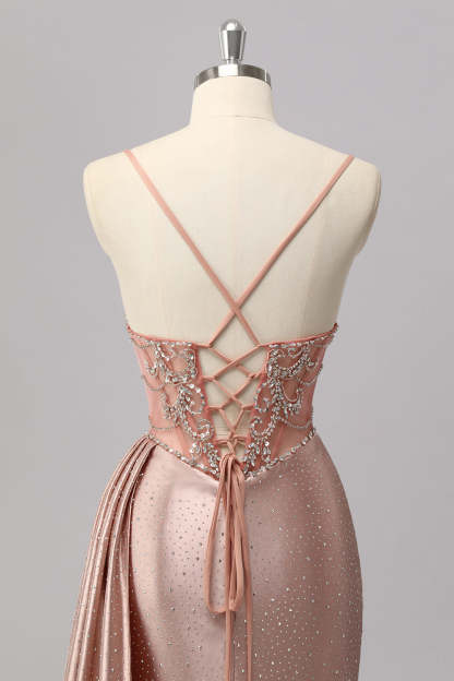Blush Corset Beaded Mermaid Long Prom Dress with Slit