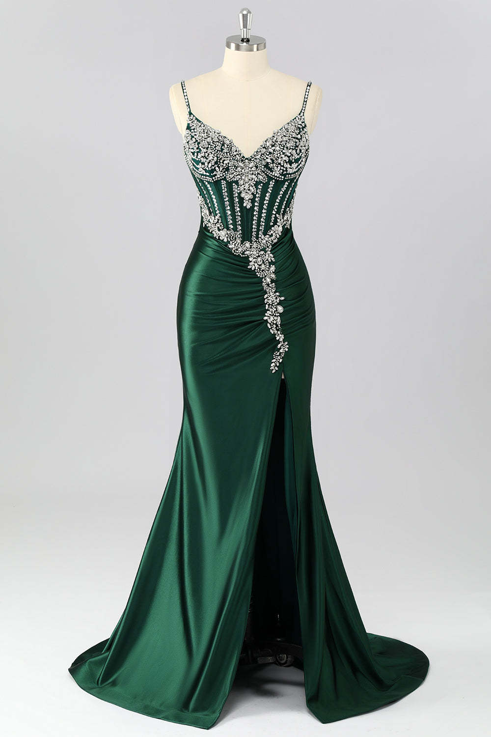 Leely Women Sparkly Dark Green Satin Corset Long Prom Dress with Beading Mermaid Spaghetti Straps Lace Up Back Formal Dress with Slit