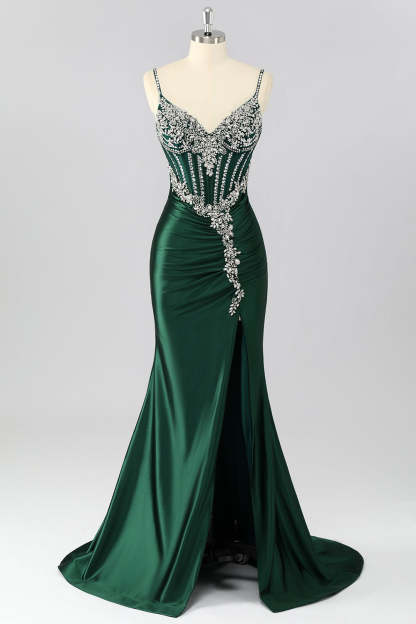 Leely Women Sparkly Dark Green Satin Corset Long Prom Dress with Beading Mermaid Spaghetti Straps Lace Up Back Formal Dress with Slit