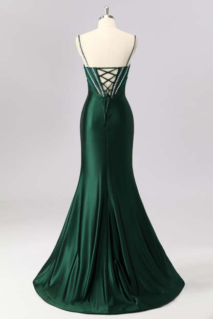 Sparkly Dark Green Mermaid Corset Long Prom Dress with Beading