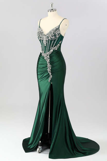 Sparkly Dark Green Mermaid Corset Long Prom Dress with Beading
