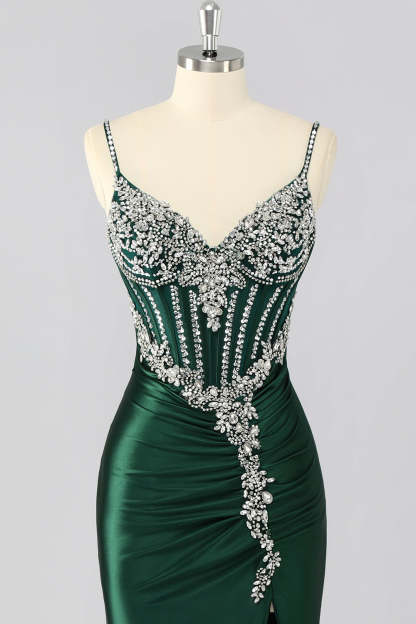 Sparkly Dark Green Mermaid Corset Long Prom Dress with Beading