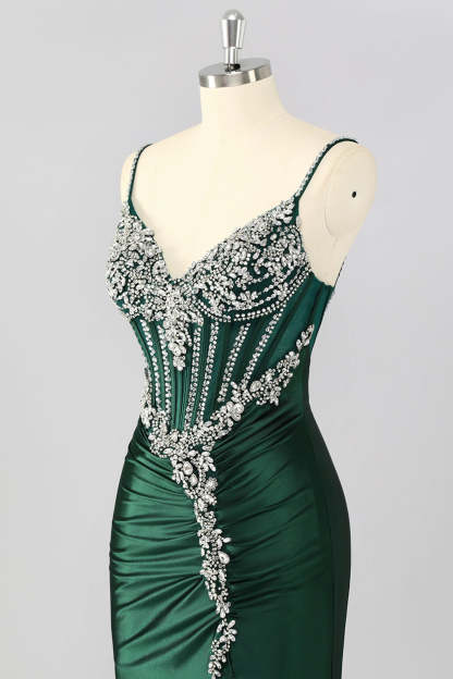 Sparkly Dark Green Mermaid Corset Long Prom Dress with Beading