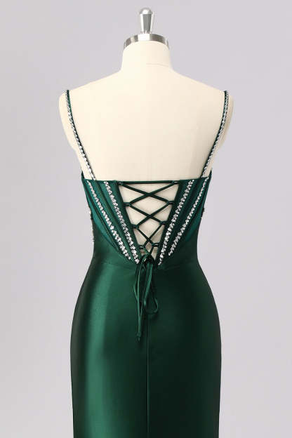 Sparkly Dark Green Mermaid Corset Long Prom Dress with Beading