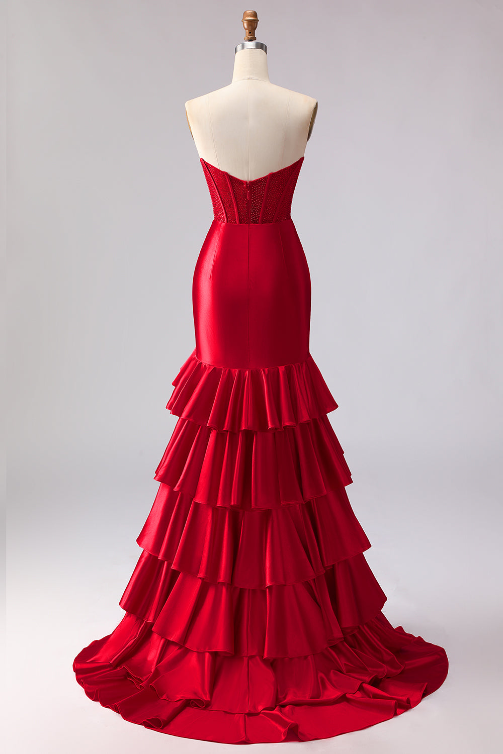 Tiered Red Mermaid Satin Ruffled Long Corset Prom Dress with Slit