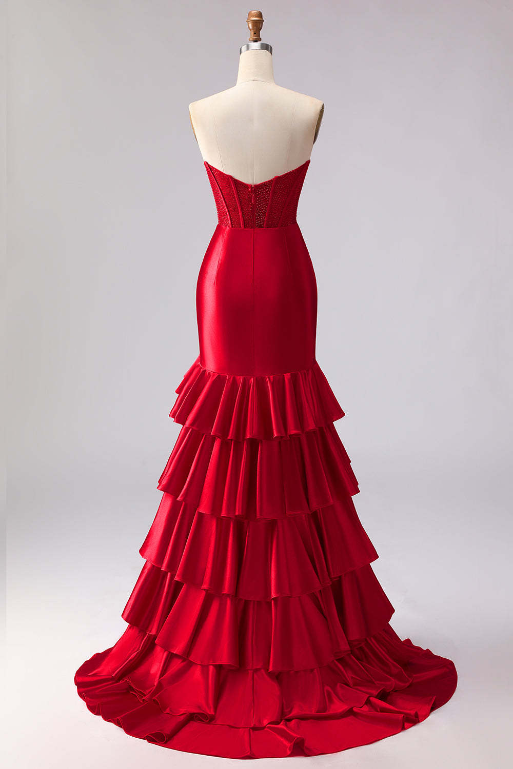 Tiered Red Mermaid Satin Ruffled Long Corset Prom Dress with Slit