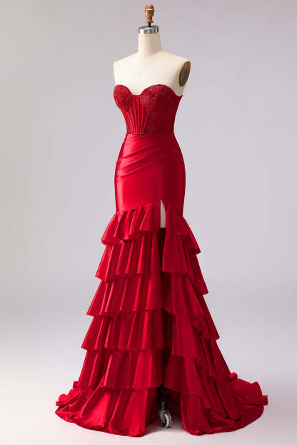Tiered Red Mermaid Satin Ruffled Long Corset Prom Dress with Slit