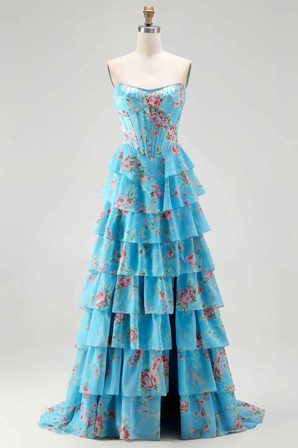 Blue Floral A Line Tiered Long Corset Prom Dress with Slit