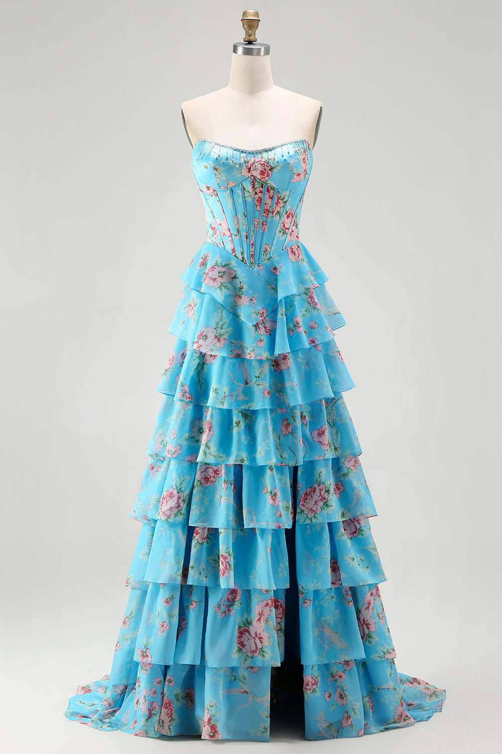 Floral Blue Ruffled Tiered Maxi Corset Prom Dress with Slit
