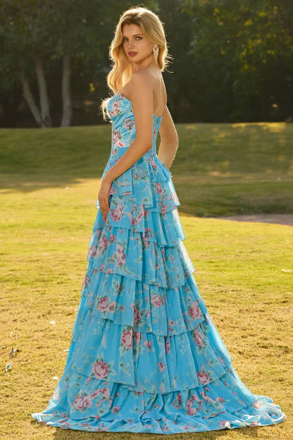 Floral Blue Ruffled Tiered Maxi Corset Prom Dress with Slit