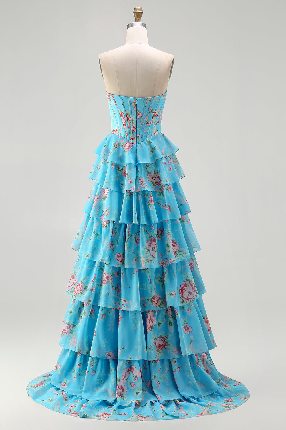 Floral Blue Ruffled Tiered Maxi Corset Prom Dress with Slit