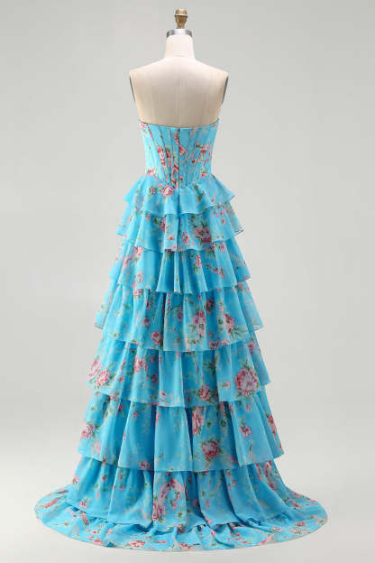 Floral Blue Ruffled Tiered Maxi Corset Prom Dress with Slit