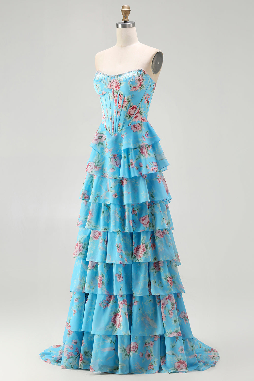 Blue Floral A Line Tiered Long Corset Prom Dress with Slit