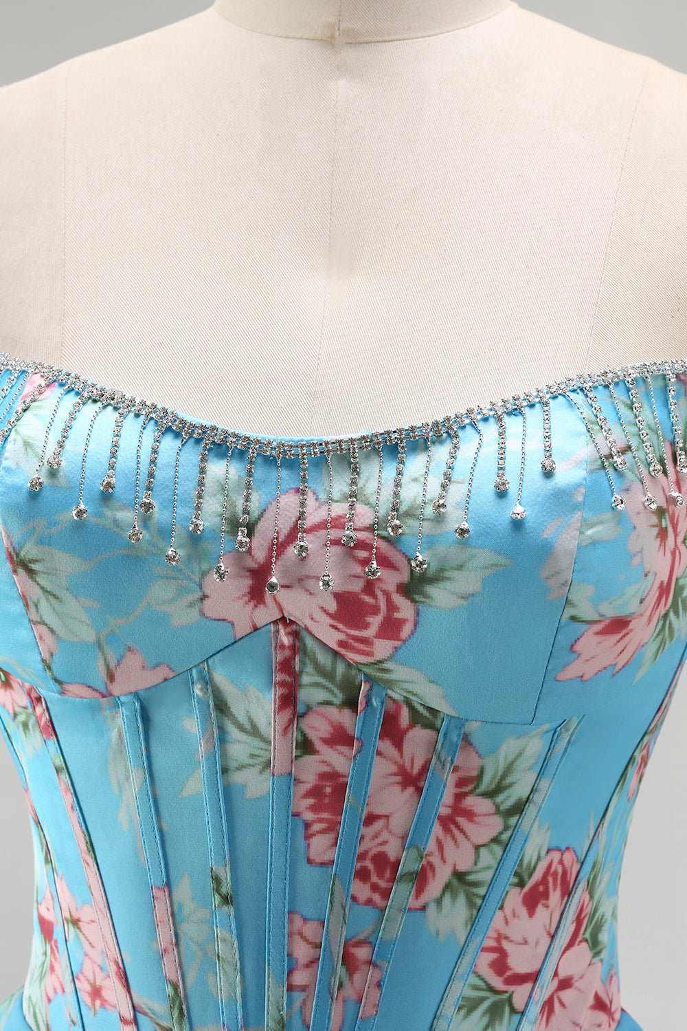 Blue Floral A Line Tiered Long Corset Prom Dress with Slit