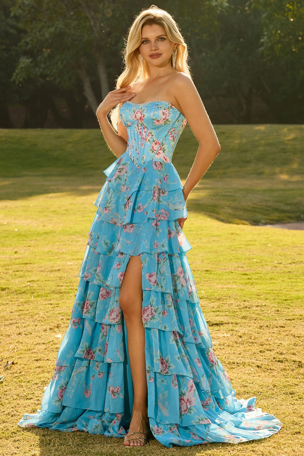 Floral Blue Ruffled Tiered Maxi Corset Prom Dress with Slit