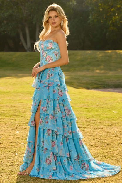 Floral Blue Ruffled Tiered Maxi Corset Prom Dress with Slit