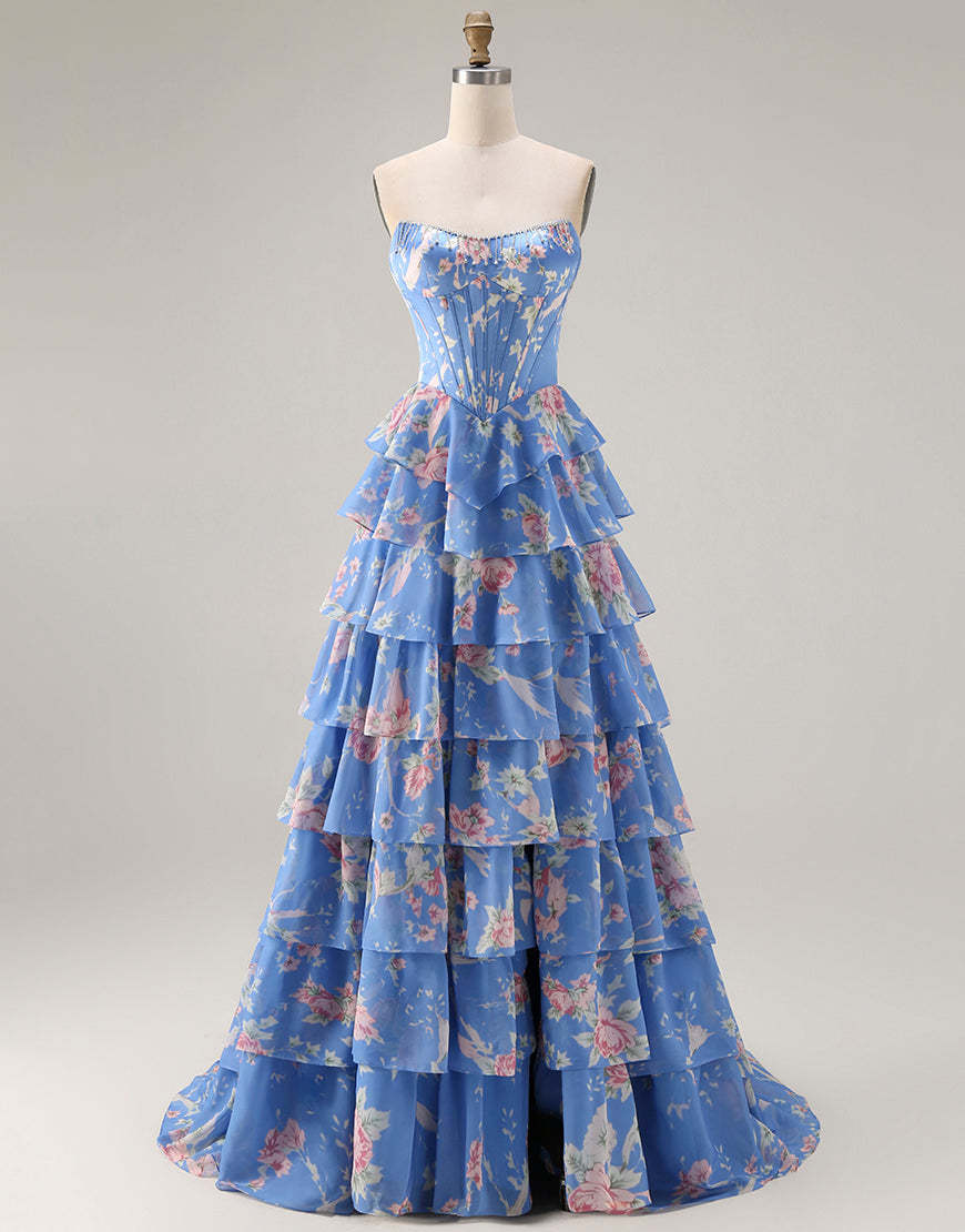 Floral Blue Ruffled Tiered Maxi Corset Prom Dress with Slit