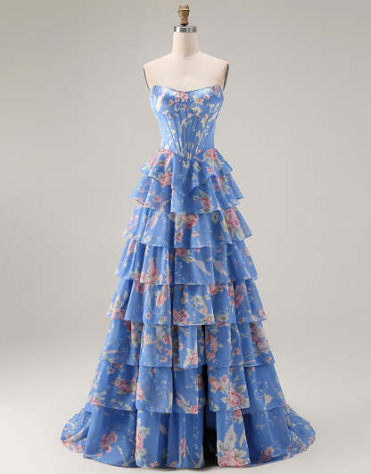 Floral Blue Ruffled Tiered Maxi Corset Prom Dress with Slit