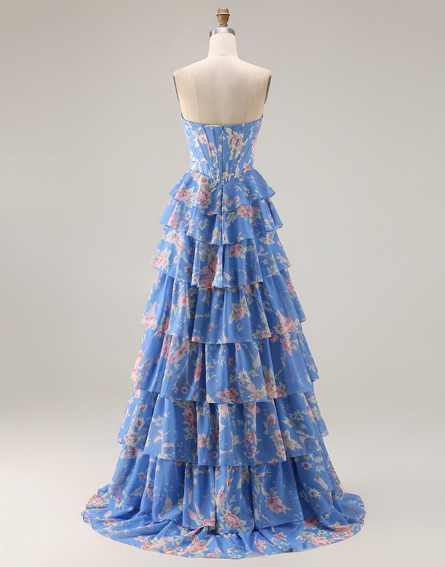 Floral Dark Blue Strapless A Line Long Corset Prom Dress with Ruffles