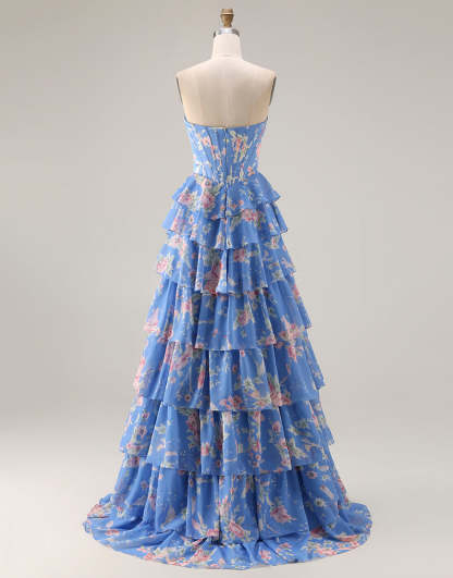 Floral Blue Ruffled Tiered Maxi Corset Prom Dress with Slit