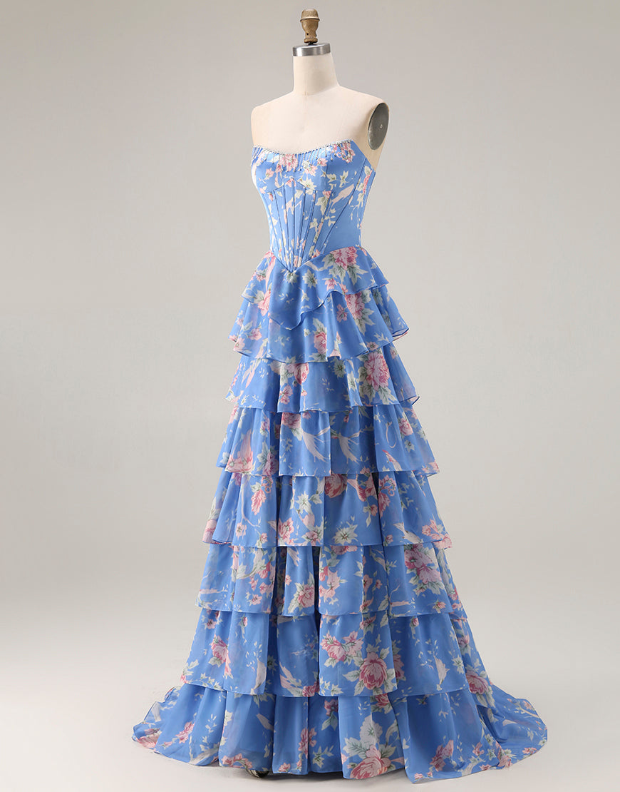 Floral Blue Ruffled Tiered Maxi Corset Prom Dress with Slit