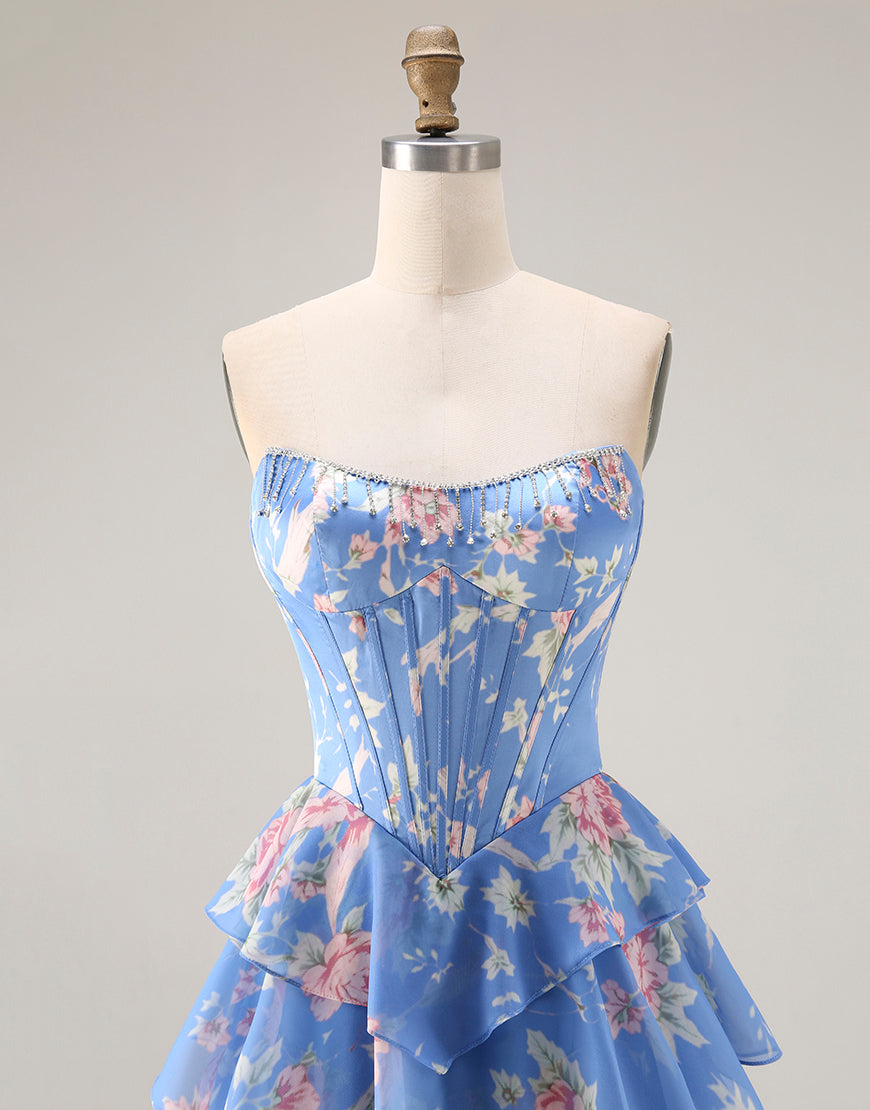 Floral Blue Ruffled Tiered Maxi Corset Prom Dress with Slit