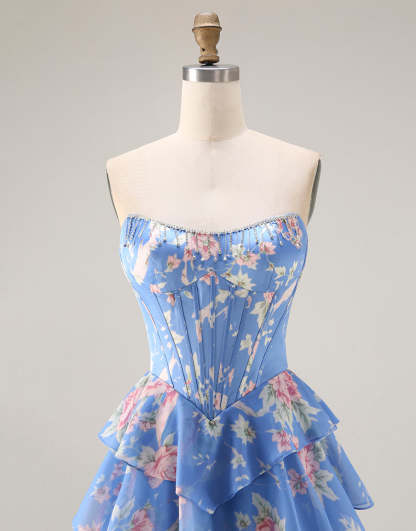 Floral Blue Ruffled Tiered Maxi Corset Prom Dress with Slit