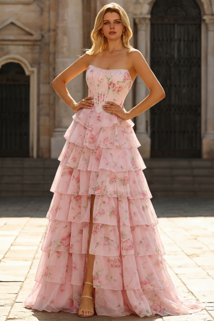 Floral Blue Ruffled Tiered Maxi Corset Prom Dress with Slit