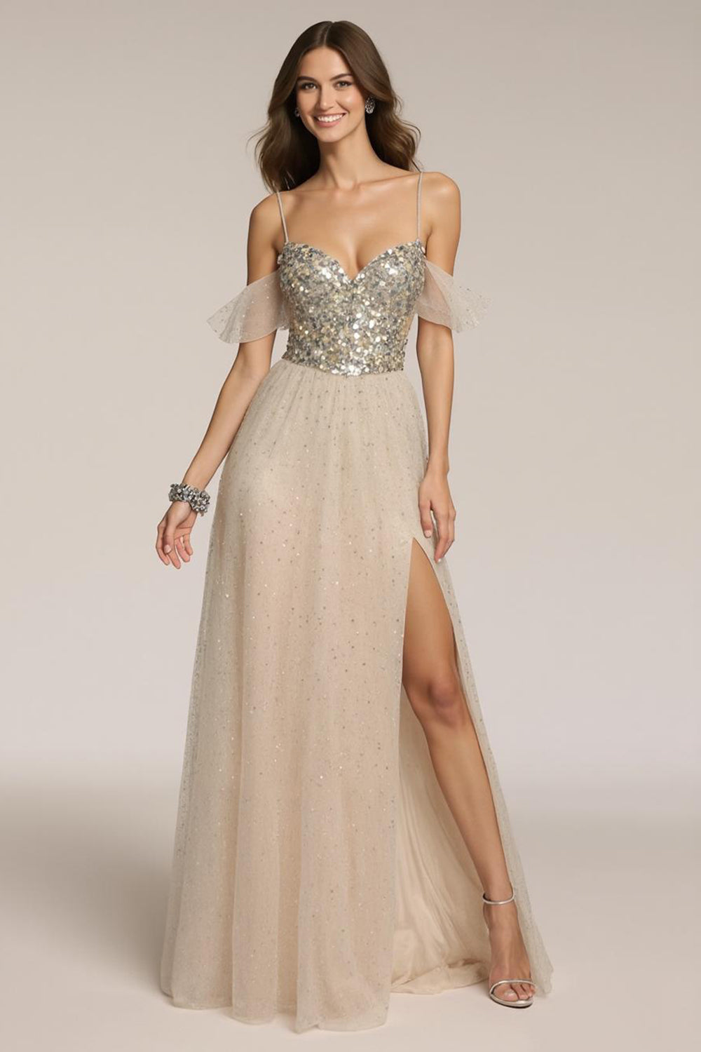 Leely Women Sparkly Champagne Sequin A-Line Maxi Formal Dress with Slit Spaghetti Straps Tulle Holiday Party Dress